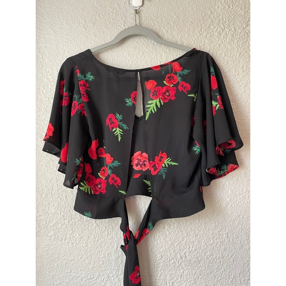 Express Floral Blouse Tie Front Flutter Sleeve Keyhole Black Red XS‎ - Picture 2 of 3